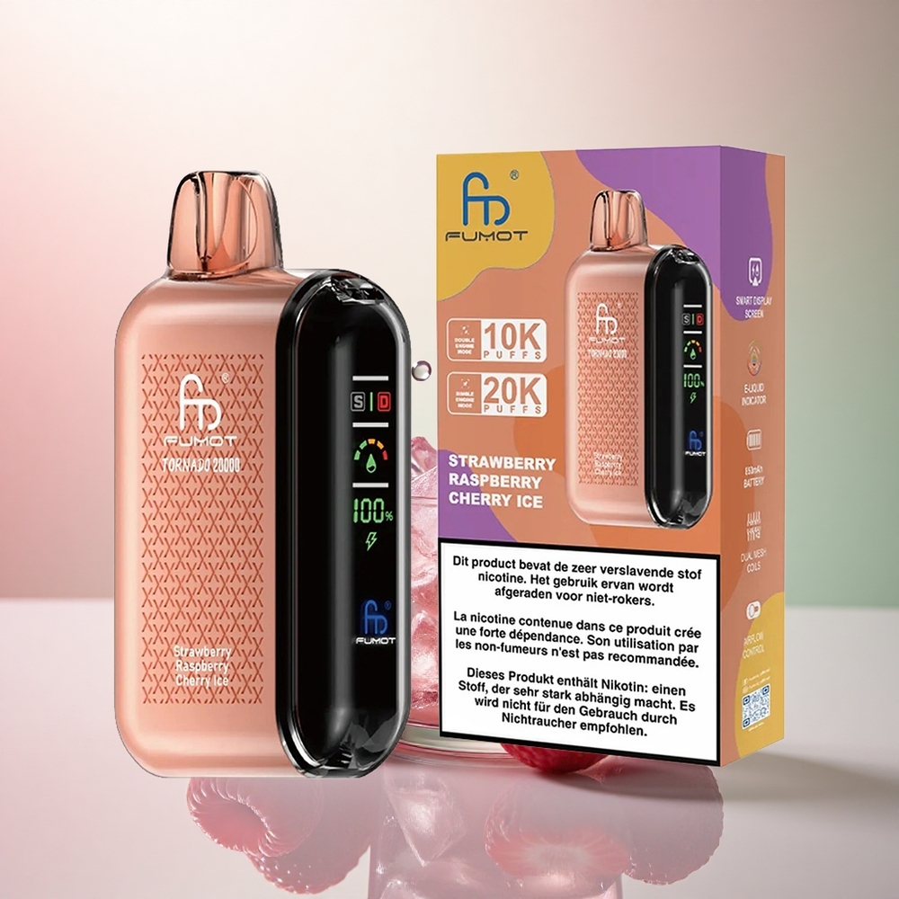 Fumot Tornado 20000 Puffs Jordgubb Hallon Körsbär Is med 850mAh och 2% Nikotin