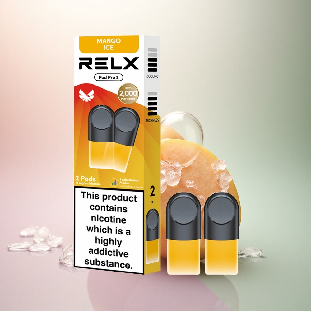 Relx Pod Pro 2 Vape Device Mango Is 18mg/ml Nikotin, 1.9ml Kapacitet, 5.5W/6.5W/8W Spänningsjustering